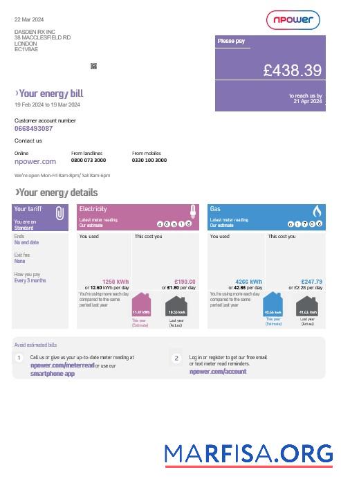 Realistic United Kingdom Npower business utility bill template in Word and PDF formats